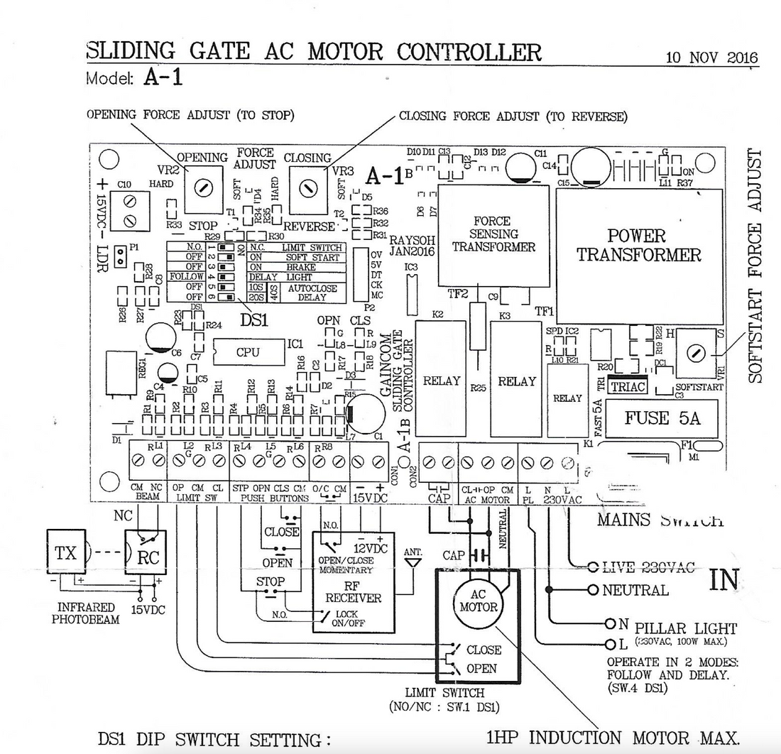 sliding gate ac motor controller a1  wireling conenction programming setting digram